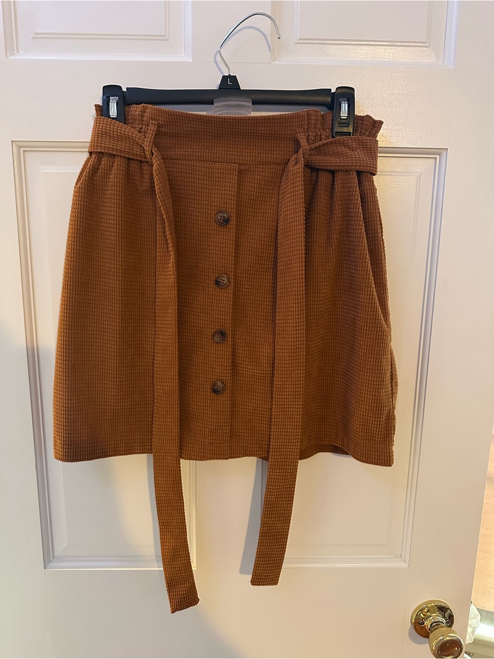 SHEIN Brown Textured Mini Skirt with Front Buttons and Waist Tie